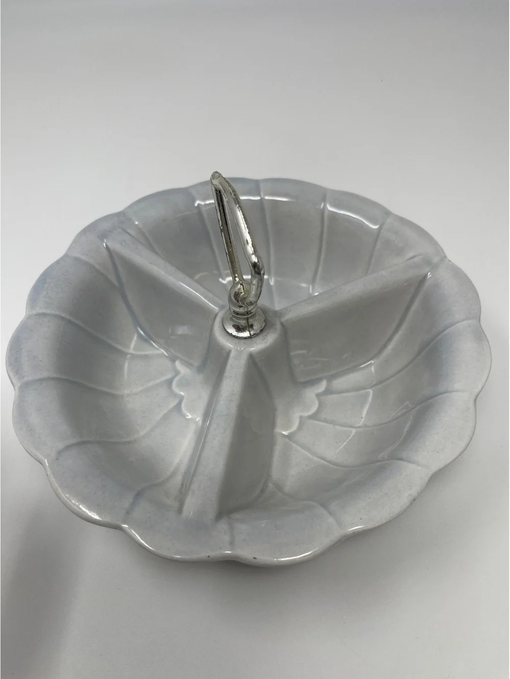 Vintage USA Pottery Blue Divided Serving Dish With Chrome Handle Barware MCM 8”